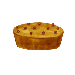 Watercolor illustration of a festive homemade pie with red berries isolated on a white background. Hand drawn sweet dessert, Christmas pie