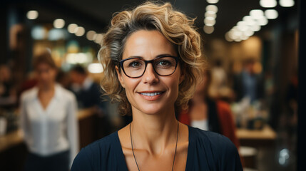 Middle-aged business woman. Personnel manager at her workplace. Successful woman in her forties. Portrait of a lady with glasses and blonde hair with gray hair in a bar or restaurant. Boss. - obrazy, fototapety, plakaty
