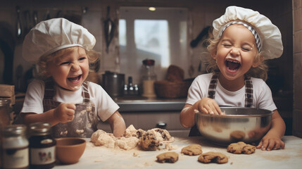 happy, adorable laughing kids in the kitchen cooking delicious cookies