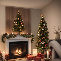 Christmas decorations, Christmas atmosphere at home in front of the fireplace, Christmas tree