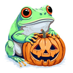 Żaba i wydrążona dynia. Ilustracja wektorowa do kartek, plakatów, zaproszeń lub dekoracji związanych z Halloween.
