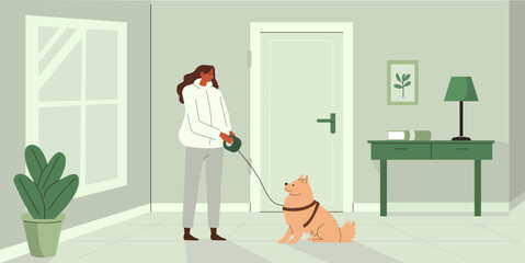 Pet owner or sitter and dog on the leash preparing to walk outside. Canine animal care concept. Flat vector illustration.
