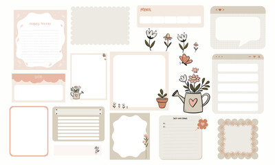 Vector set of aesthetic cute planner stickers, sticky notes, notepad and memo pad