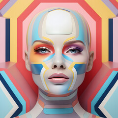 Modern pop art portrait in pastel colors. Costume with geometric lines in blue and pink colors. Futuristic outfit of a young girl.
