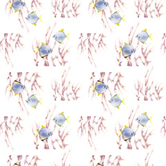 Seamless pattern with corals and exotic fishes moonyfish. Watercolor illustration for wrapping, wallpaper, fabric