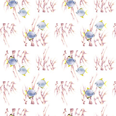 Seamless pattern with corals and exotic fishes moonyfish. Watercolor illustration for wrapping, wallpaper, fabric