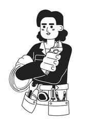 Handy woman hispanic young adult black and white 2D cartoon character. Handywoman isolated vector outline person. Female mechanic latinamerican with instruments monochromatic flat spot illustration