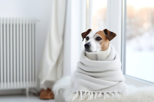 Cute dog is freezing in living room and warming himself under blanket near radiator