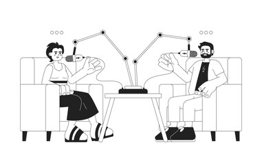 Co-hosted podcast black and white cartoon flat illustration. Podcast hosts asian woman, caucasian man linear 2D characters isolated. Diverse podcasters conversation monochromatic scene vector image