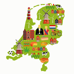 Vector illustration in cartoon style with symbols of Netherlands. Holland map with traditional design elements.
