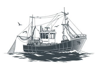 Trawler or fishing boat with nets in the sea, retro engraving style black and white monochrome vector illustration. Good for seafood label packaging or menu design.