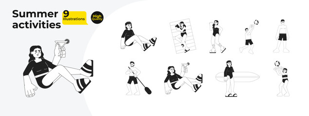 Summertime people diversity black and white cartoon flat illustration bundle. Swimwear beach multiracial young adult linear 2D characters isolated. Summer holiday monochromatic vector image collection