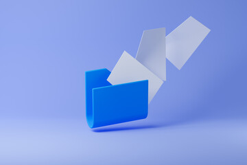 Blue computer folder with flying blank documents isolated over purple background. 3D rendering.