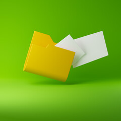 Yellow computer document folder with flying blank documents isolated over green background. 3D rendering.