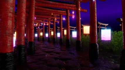 Neon-lit red torii gates at night, glowing lanterns. 3d illustration