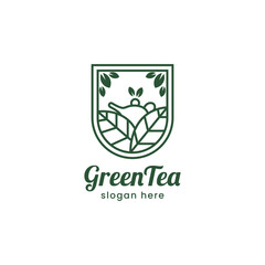 Green tea logo with teapot line art design style
