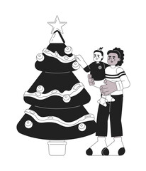 Mother little girl decorating Christmas tree black and white 2D cartoon characters. African american mom holding kid isolated vector outline people. Celebrate xmas monochromatic flat spot illustration