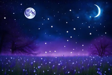 Fantastical fantasy background of magical purple dark night sky with shining stars, moon, bluebells campanula flowers garden and flying blue butterflies.