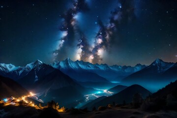 Space. Milky Way and mountains. Fantastic view with mountains and starry sky at night