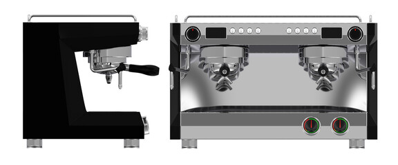 Industrial coffee machine set of 3D illustrations of front and side projections