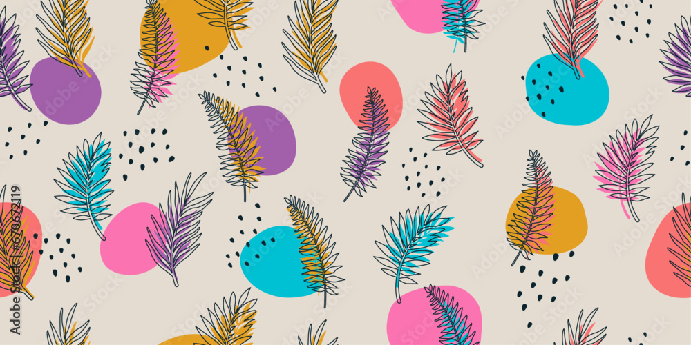 Poster bright and stylish pattern with leaves and branches. exotic leaves, colorful and beautiful pattern f