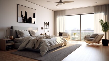 Bedroom decor, home interior design . Modern Scandinavian style with Window View decorated with Concrete and Glass material . Generative AI AIG26.