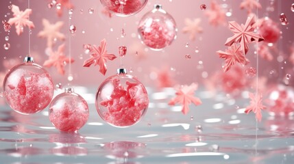 Pink Christmas decorations for the Christmas tree in the form of balls with snowflakes. Create a festive Christmas atmosphere of joy and magic