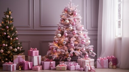 Pink Christmas tree decorated with balloons and ribbons and lots of gift boxes. Festive New Year atmosphere of joy and magic