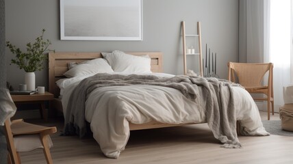 Bedroom decor, home interior design . Modern Minimal style with Bed decorated with Wood and Metal material . Generative AI AIG26.