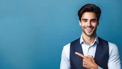 Portrait of cheerful businessman pointing at copy space for advertising against blue background