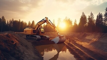 An excavator dug a trench in a forested area while a stunning sunset ignited the sky. - obrazy, fototapety, plakaty