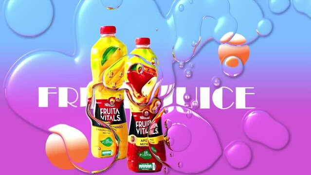 Nestle Fruita Vitals Mango and Apple juices, presenting with water liquid blobs.