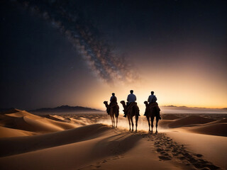 Fototapeta na wymiar portrait of the three wise men crossing the desert under the stars on a camel