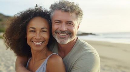 Middle-aged multiethnic couple gazing into eyes sharing moment with connection enriched by countless shared experiences. Couple with love stronger over years nurtured by wonderful shared experience. - obrazy, fototapety, plakaty