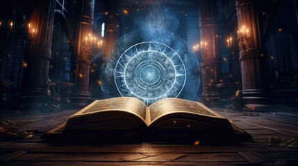 Delve into the enchanting world of magic with an opened book radiating mystical lights, where the ancient secrets of wizardry come to life - obrazy, fototapety, plakaty