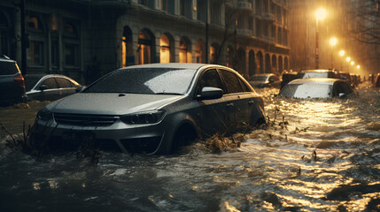 Cars along the urban thoroughfare were inundated following a heavy downpour. - obrazy, fototapety, plakaty