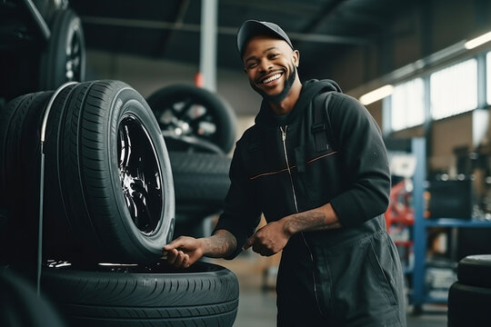 African American male auto mechanic working in an auto repair shop and changing wheel alloy tire