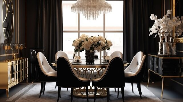 Interior design inspiration of Art Deco Glam style home dining room loveliness decorated with Glass and Velvet material and Mirrored Accents .Generative AI home interior design .