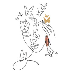 Woman face with butterfly. Abstract face with butterfly by one line vector drawing.
