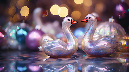 Christmas decorations - glass swans on a mirror surface, against a background of Christmas tree decorations with bokeh effect - festive holiday decorations and background