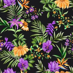 Fototapeten Watercolor leaves and floral pattern, greenfoliage, purple and yellow flowers, black background, seamless © Leticia Back