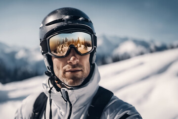 Skiing through Snowy Peaks- A Man's Portrait - obrazy, fototapety, plakaty