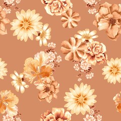 Watercolor flowers pattern, yellow tropical elements, gold background, seamless