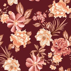 Watercolor flowers pattern, red and yellow tropical elements, brown leaves, dark red background, seamless