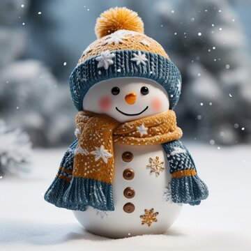 A real photo of blue and yellow christmas cute snowman with woolen hat and scarf shaped ornament,