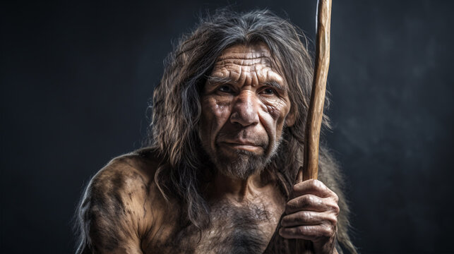 Neanderthal wielding lance, investigated by Human Sapiens in the science of evolutionary anthropology.