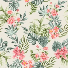 Poster Im Rahmen Watercolor flowers and foliage pattern, pink florals, green and blue leaves, white background, seamless © Leticia Back