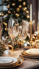 Christmas table setting with elegant festive tableware and golden decor for Christmas celebration, vertical format