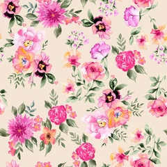 Fototapete Rund Watercolor flowers pattern, pink tropical elements, green leaves, white background, seamless © Leticia Back