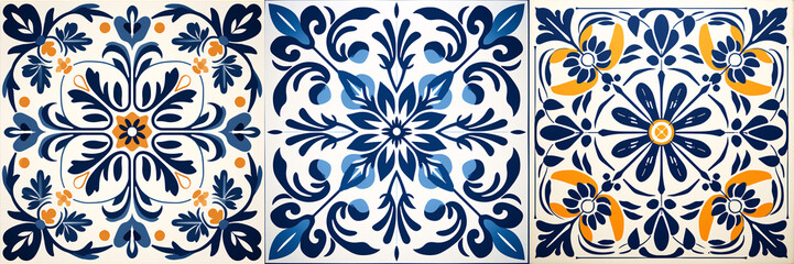 A radiant ceramic tile design featuring a stark blue and white porcelain flower pattern damask, a Victorian swell at the center and flourishing baroque art elements. - obrazy, fototapety, plakaty